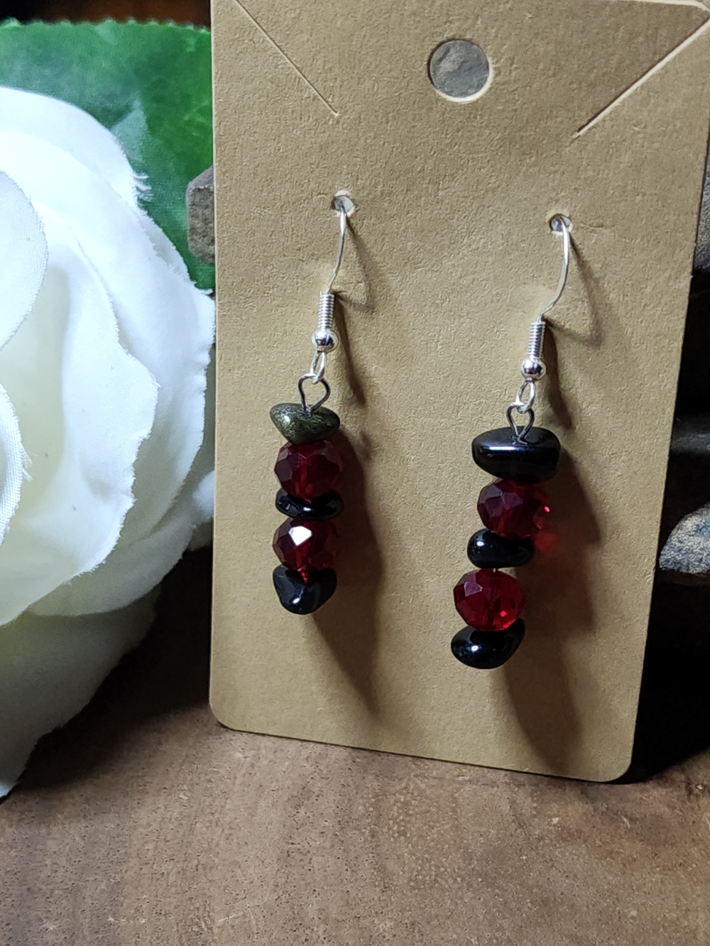 Dangle Drop Earrings With Red Faceted Glass Beads And Black Stone Chips